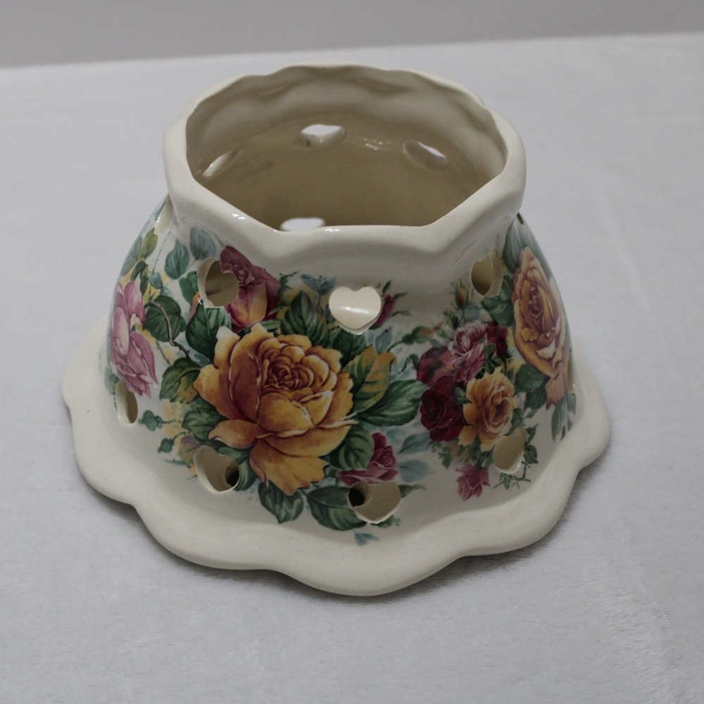 Vintage Floral Ceramic Candle Shade Heart Cutouts Rose Pattern Scalloped Base